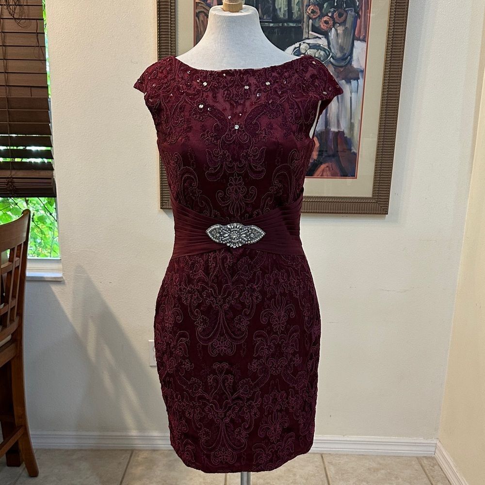 Jaeden Dress Elegant Burgundy Lace/Crystal w/ Matching Sheer Cover Size 8 (NWT)